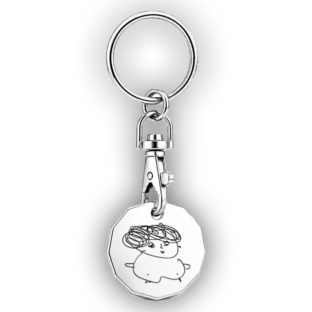Silver-coloured trolley coin featuring Miriam Margolyes self drawing, attached to a clip and split keyring on a white background.