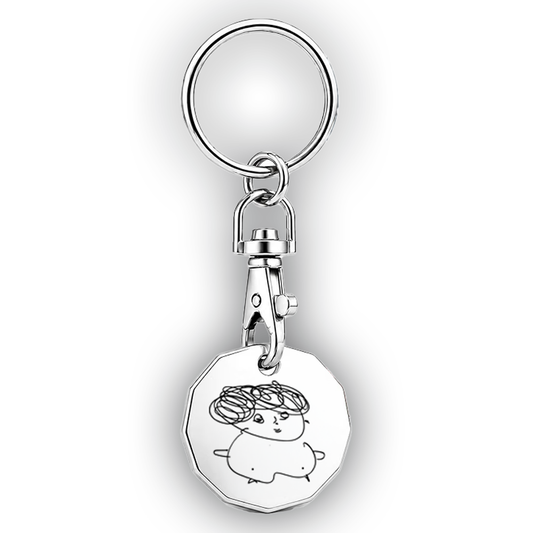 Silver-coloured trolley coin featuring Miriam Margolyes self drawing, attached to a clip and split keyring on a white background.